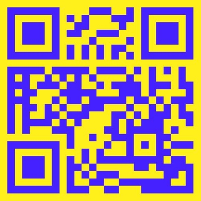 Das Bild zeigt einen blauen QR-Code vor gelbem Hintergrund, der zur Website goldenebildderfrau.de f&uuml;hrt. 