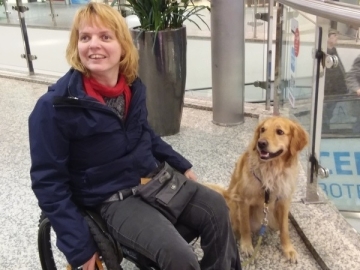 Pluto und Angela Ein Foto mit Angela und Pluto. Pluto, ein dunkler Golden Retriever, hat neben dem Rollstuhl von Angela "Sitz" gemacht. Plutos beige Leine hängt locker herab. Beider Interesse gilt nicht der Kamera, was es wohl ist, dass die Blicke der beiden so fesselt?